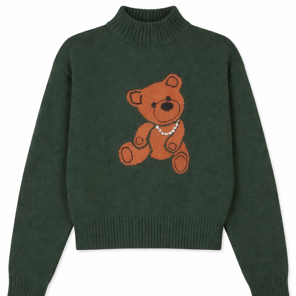 English Factory Endless Rose Teddy Bear Knit Sweater Dark Green NEW